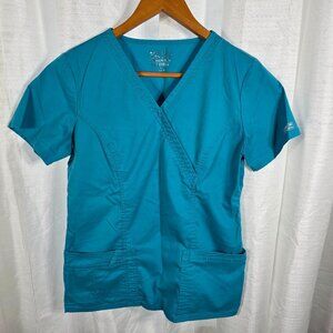 Cherokee Workwear #4728 Teal Blue Women's Mock Wrap Princess Seam Solid Top  XS